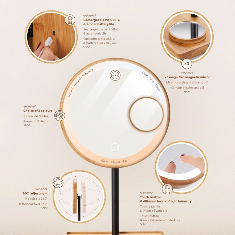 Kosmetické zrcátko Lanaform Bamboo Mirror